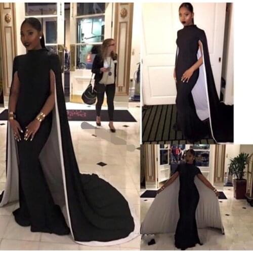 2019 Floor Length Black Evening Dresses with Capes abiye Mermaid High Neck Arabic robe de soiree Formal Party Prom evening dress