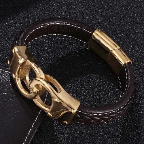 Gold Color Handcuff Brown Leather Bracelets For Men Fashion Stainless Steel Braided Leather Bracelets Punk Jewelry BB0748