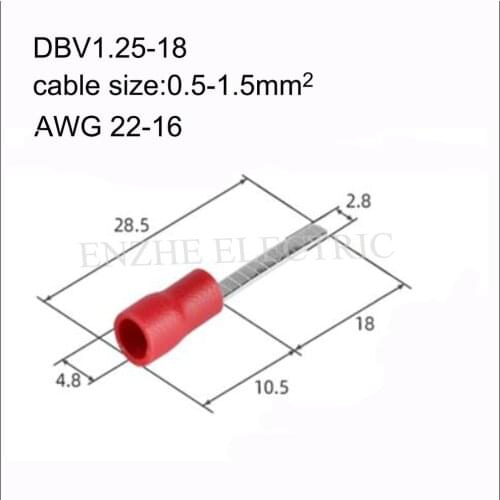 1000PCS Chip-shaped cold-pressed terminal DBV1.25-18/10/14 plug-in insulated blade terminal 22-16AWG 0.5-1.5MM2 19A COPPER