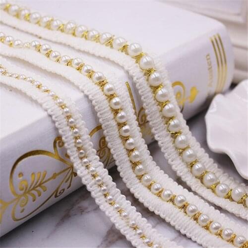2Yards Gold Wire Ivory White Pearl Lace Trims Ribbon Lace Cotton Fabric Wavy Edge DIY Wedding Dress Collar Sleeve Accessories