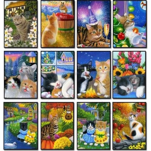 5D DIY Diamond Painting flower Cat family Crystal Diamond Painting Cross Stitch Needlework Green Lawn Garden Home Decorative