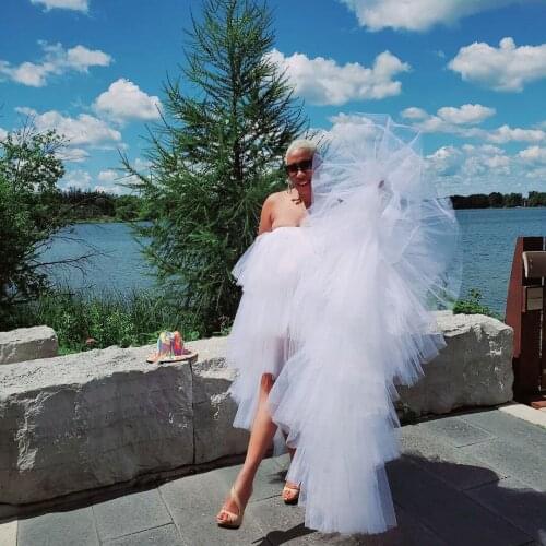 White Exquisite Casual Simple Women Dress Strapless High Low Tulle Evening Dress Ruffle Layered Party Dress Plus Size Prom Dress