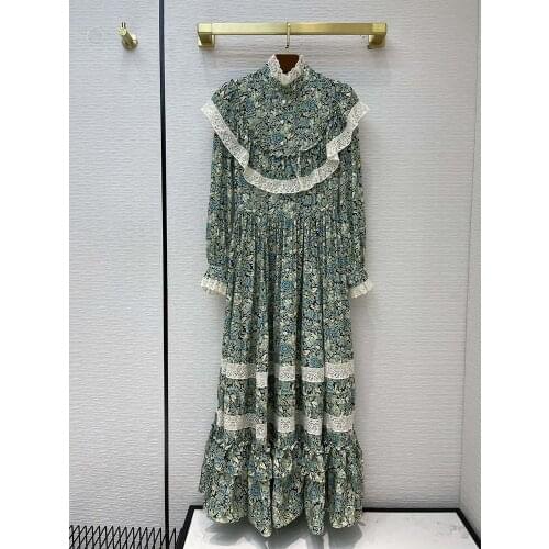 Boho Eureeky Luxury Brand Maix Dress 2021 Spring Women High-end French Elegant Floral Printed Lace Waist Ruffles Long Dresses