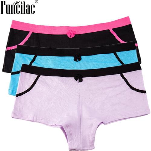 FUNCILAC Brand Underwear Women Sexy Cotton Boyshorts Simple Solid Panties Girls Bow Underpants ropa interior femenina 3pcs/lot