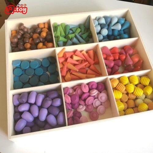 Kids Wooden Toys Rainbow Block Loose Parts Mushroom Honeycomb Droplets Tree cones Cones Creative Building Blocks for Children