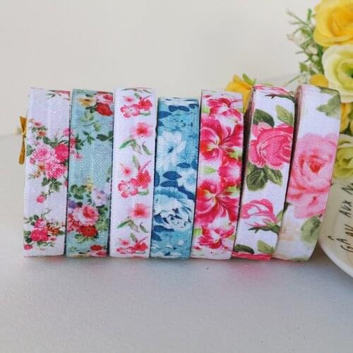5Yards 5/8'' 16mm Flower Print Fold Over Elastic Floral FOE Ribbon for DIY Apparel Sewing Accessories Headwear Elastic Band