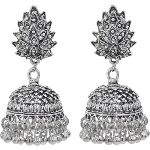 Indian Jhumka Jhumki Earrings for Women Oxidized Silver Color Big Geometric Earring Bells Tassel Statement pendientes Tribal