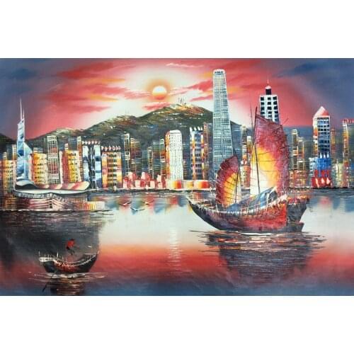Hand Painted Oil Canvas Painting White and Black Hong Kongs Victoria harbour view Painting Wall Art Pictures for Living Room