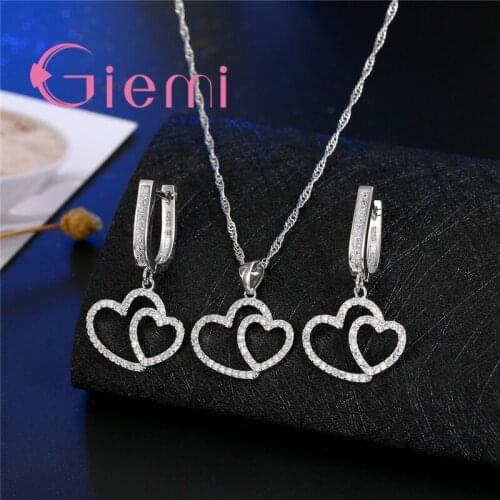 Two Love Togehter Cubic Zirconia Romantic 925 Sterling Silver Necklaces Earrings Crystal Jewelry Sets For Women Present