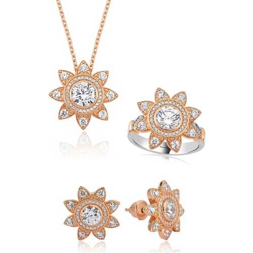 Valori Jewels Sun Flower Set , 3 Ct Zircon White Round Gemstone , Rose Gold Plated ,925 Silver, Fine Jewelry