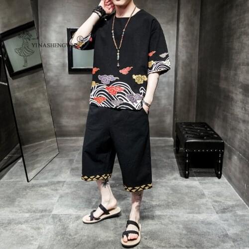 Summer Printing Japanese Kimono Men Clothing T-shirt Cotton National Style Short-Sleeved Cropped Trousers Male Two-Piece Costume