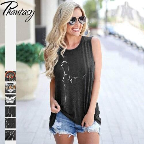 Phantasy New Cat Printed Tank Top Summer Breathable O-Neck Sleeveless T-Shirt Fashion Hedging Mid-Length Vest Loose Casual Tops
