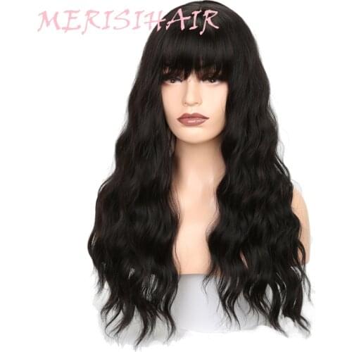 MERISI HAIR 26" Long Grey Brown Womens Wigs with Bangs Synthetic Wavy Wigs for Black Women African American