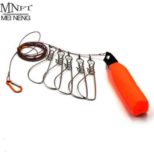 MNFT 1Set 5 Snaps Stainless Steel Fishing Stringer Live Fish Lock Steel Ropes Large Fish Lock w/Float and Plastic Handle