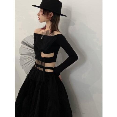 Fashion 2021FW Autumn Women Mesh Patchwork Slash Neck Slim T-Shirt Female Casual Tops Tee Ddxgz2v 6.18