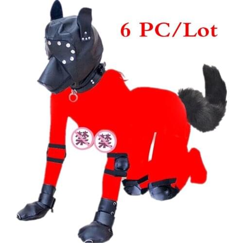 Fetish Bondage Set Dog Role Play Accessories,Leather Head Mask Hood Soft Padded Fist Mitts Paws&Fox Tail Anal Butt Plug,Sex Toys