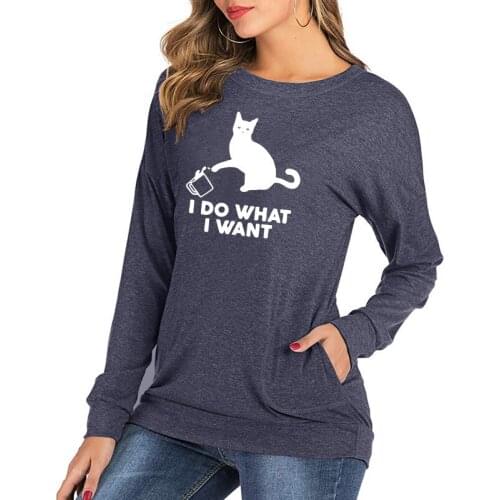 New Womens T-shirt O-Neck Harajuku Colorful Cat I Do What I Want Print Top Long Sleeve Casual Female T shirt Oversized Warm