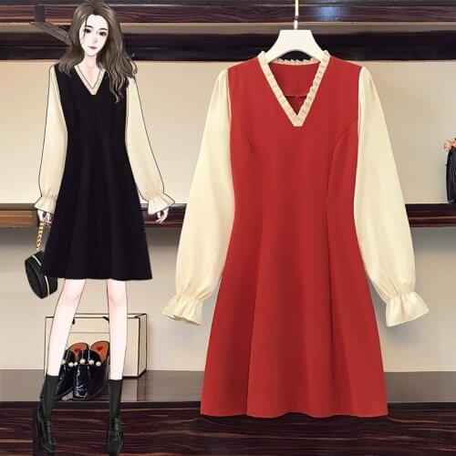 EHQAXIN 2021 New Autumn Winter Wonens Dresses V-Neck French Pleated Contrast Color Mid-Length Dress Light Luxury Style L-5XL