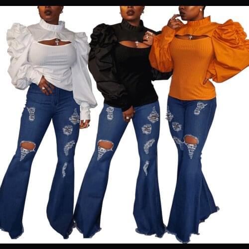 Charming Women Solid Puffy Sleeve T-shirts 2021 Spring New Arrivals O-neck Hollow Out Patchwork Slim Waist Ladys Tops