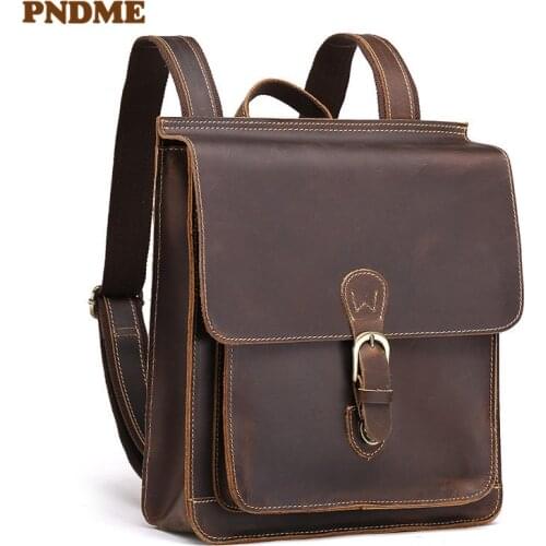 PNDME business vintage genuine leather mens backpack simple natural crazy horse cowhide daily outdoor work travel small bagpack