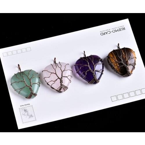 1PC Natural Crystal Mineral Ornament Heart Shape Tree of Life Pendant Fashion Couple Pendant Necklace Pendant DIY Gift Jewelry