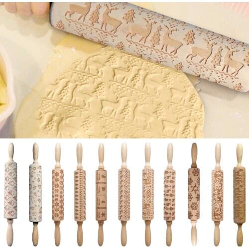 Christmas Rolling Pin Laser Wooden Christmas Embossing Rolling Pin Dough Stick Baking Pastry Tool New Year Christmas Decoration