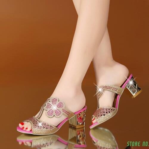 Women Fashion High Heels Slipper Sexy Peep Toe Hollow Out Crystals Party Shoes Woman Summer Slip On Beach Flip Flops