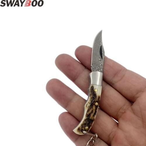 Swayboo Key ring Utility Pocket Folding Knife customized Damascus Steel Knife Pattern steel Tactical Knife wooden/antler horn