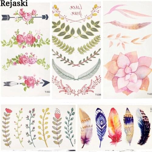 25 Designs Lotus FLower Temporary Tattoo Colorful Feather Leaf Fake Black Waterproof Tattoo Sticker For Girl Kids CHildren Art
