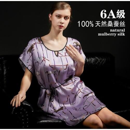 40-75kg Pure Silk Nightdress Women Dress Spring Short Sleeve Loose Floral Summer Plus Size 100% Mulberry Silk Nightwear