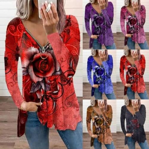 Sexy V-neck Womens Tops Autumn Rose Print Street Hipster Long Sleeve T-shirt Zipper Loose Large Size Pullover T-shirt