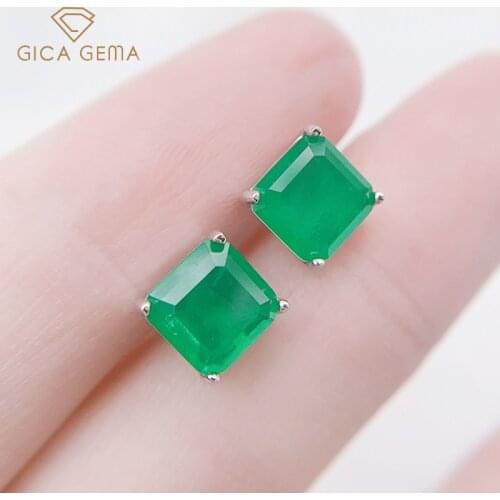 GICA GEMA Square Created Emerald Earrings For Women Real 925 Sterling Silver Green Gemstone Ear Stud Fashion Gifts Fine Jewelry