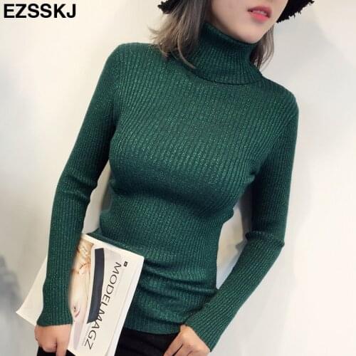 Women Sweaters 2018 High Elasticity Glitter Pullover With Turtleneck Shiny Bling Autumn Winter Basic Slim Sweater Red Purple