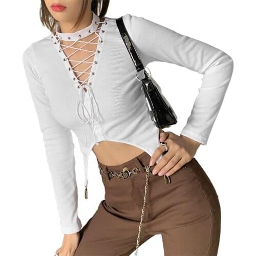 Womens Tops, Solid Color V-Neck Frenulum Blouse Self Cultivation Bandage Umbilicus Exposure Long Sleeve T-shirt