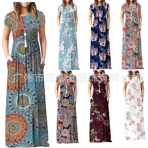 Women Summer Dress 2021 Robes Round Collar Short Sleeve Loose Printed Dresses Leisure Pocket Dress Vestido De Mujer CHF9211