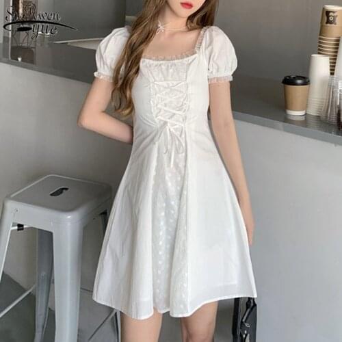 White Dress Women 2021 Summer Dress Korean Retro Square Collar Mini Dresses New Super Fairy Sweet Princess Solid Vestido 14674