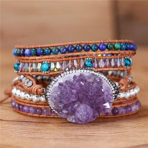 Boho Women Amethyst Druzy Beaded Leather Wrap Bracelet 5 Layers Statement Strand Bracelet Bohemian Vintage Jewelry Wholesale