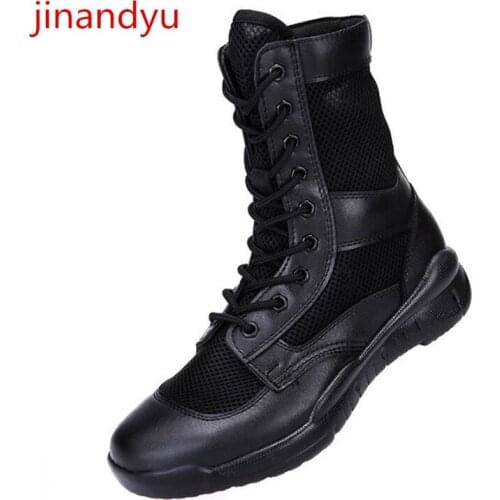 Black Outdoor Boots Men Leather + Mesh Military Boots Male Wearproof Skidproof Army Boots Tactical Summer Mens Breathable Shoes