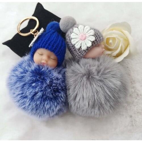 Key Chain Sleeping Baby Doll Keychain Flower Pompom Rabbit Fur Ball Keyring Fluffy Car Keyring Bag Holder Pendant Charm Jewelery