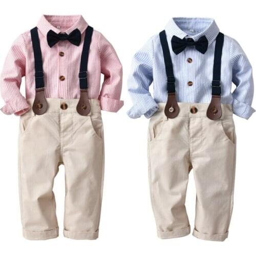 Kids Baby Boy Formal Party Clothes Kids Boy Long Sleeve Gentleman Tie Striped Shirt+Bib Pants Fall Set Outfits Children Clothes