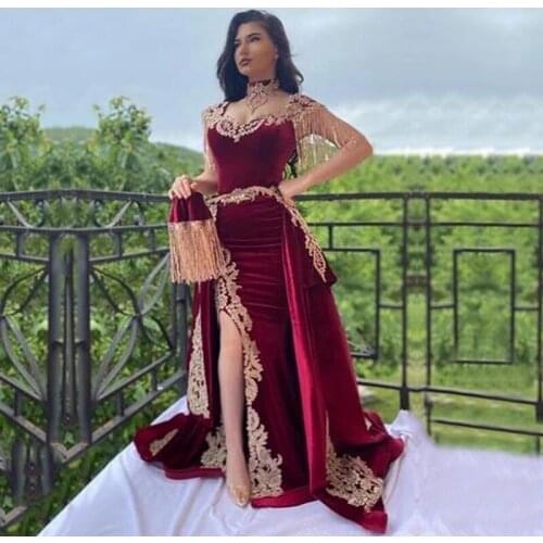 High Neck Mermaid Long Evening Dresses 2021 velvet Gold Applique Burgundy Split Gorgeous arabic dubai occasion Formal Prom gowns