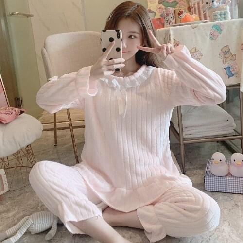 Flannel pajamas princess skirt suit qiu dong collar lace long sleeve thickening and velvet coral fleece warm household to take