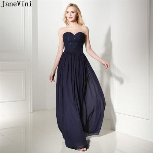 JaneVini Vintage Navy Blue A Line Long Bridesmaid Dresses Sweetheart Sleeveless Sequined Chiffon Formal Prom Gowns Floor Length