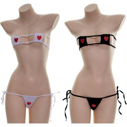 Kawaii Sexy Women Mini Square Cup Bra Red Love Embroidery Halter Neck Micro Bikini Thong Set Sleepwear Japanese Lolita Lingerie