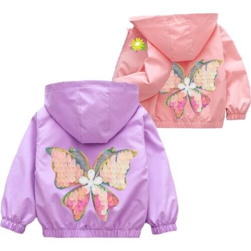 Spring Autumn Girls Jacket Cartoon Butterfly Sequins Cute Hooded Coat For Kids Children Christmas Present Windbreaker Clothes