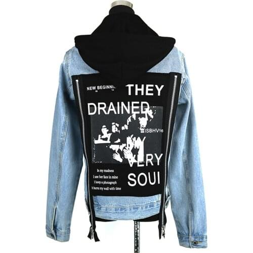 Mens Hoodies Denim Jackets Spring Autumn BF Style Printed Graffiti Vintage Fashion Couples Oversized Jacket Removable Hat
