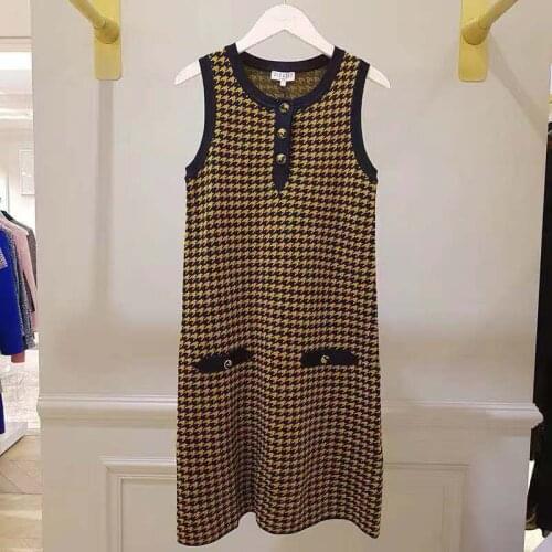 Patads light luxury method single autumn and winter new womens dress trimmed thousand bird check knitted dress ro00307