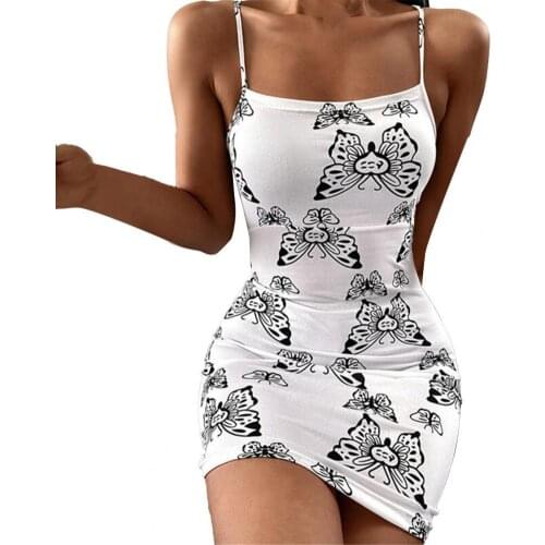 Summer Woman Dress 2021 Midi Dress Mini Dress Butterflies Print Slim Women Sling Backless Bodycon Dress for Party