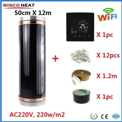 MINCO HEAT 6m2 50cmX12m Infrared Heating Film 220w/m2 Warm Floor Mat Kits with Accessories WiFi Thermostat Selection