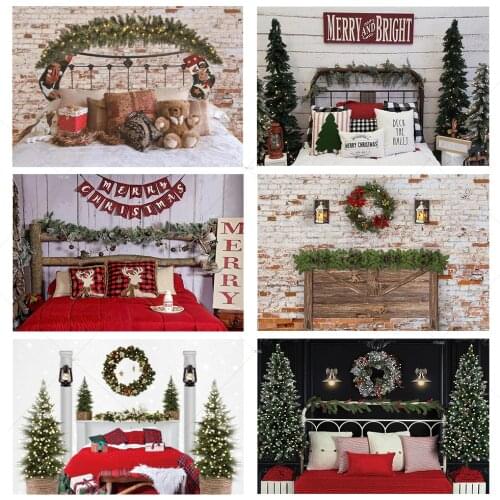 Christmas Headboard Photography Backdrop Winter Bedroom Bedside Xmas Tree Wreath New Year Baby Portrait Party Decor Background